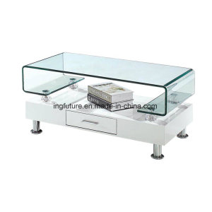 Bright White Wooden Glass Coffee Table with Storage Drawer